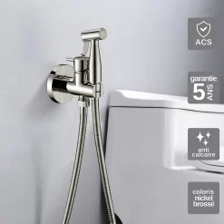 Imex Kit Douchette anti-calcaire hygiénique encastrée WC ou Bidet Salle de Bain Nickel Brossé MUNICH RDM001/NQ