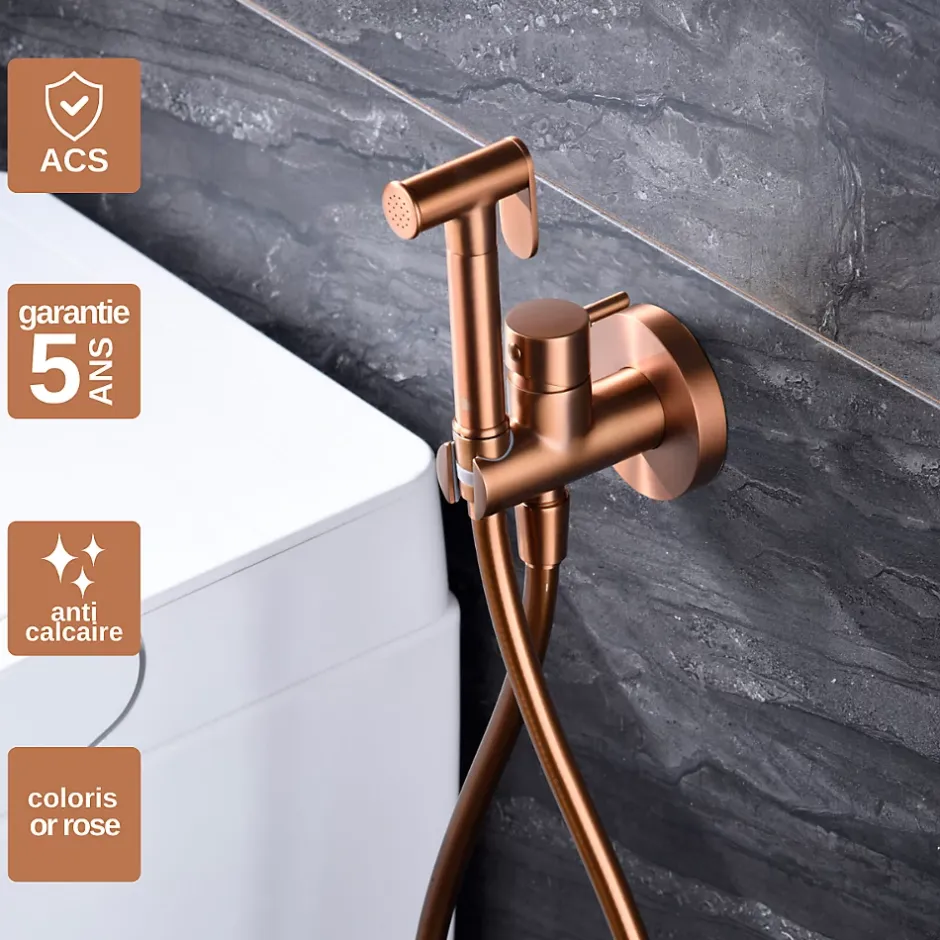 Imex Kit Douchette anti-calcaire hygiénique encastrée WC ou Bidet Salle de Bain Or Rose MUNICH RDM001/ORC* Robinet De Bidet