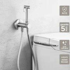 Imex Kit Douchette anti-calcaire hygiénique encastrée WC ou Bidet Salle de Bain Nickel Brossé LINE RDD038/NQ
