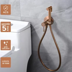 Imex Kit Douchette anti-calcaire hygiénique encastrée WC ou Bidet Salle de Bain Or Rose LINE RDD038/ORC* Robinet De Bidet