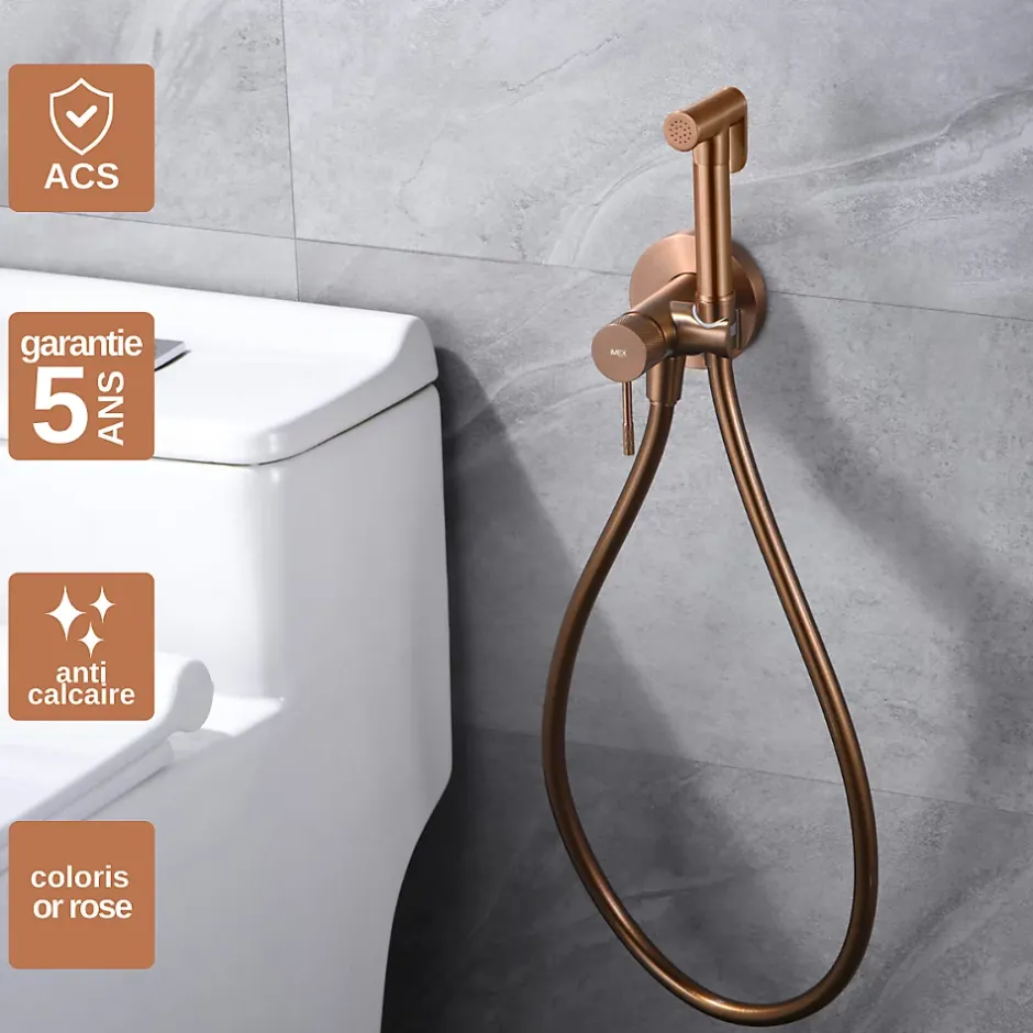 Imex Kit Douchette anti-calcaire hygiénique encastrée WC ou Bidet Salle de Bain Or Rose LINE RDD038/ORC* Robinet De Bidet