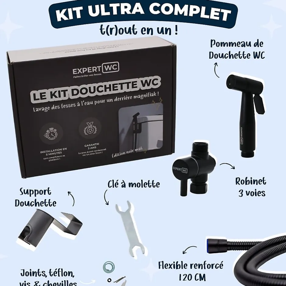 Magnifiak Kit Douchette WC Noir avec Robinet 3 voies (Brevet Déposé) - Marque Française - Qualité supérieure - Uranus Expert WC* Accessoire De Robinet