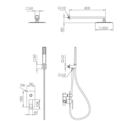 Imex Products Kit encastre douche 2 voies acier et laiton noir et or avec pomme de 25x25 cm