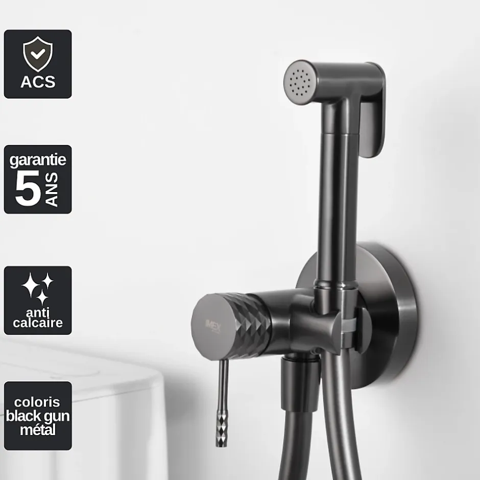 Imex Kit Hygiène Douchette de WC / Bidet Encastré Black Gun Métal GENOVA RDG053/BGM* Robinet De Bidet