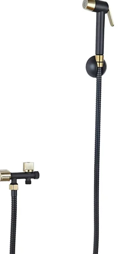 MTK Kit hygiène WC avec douchette 2 jets + flexible + support mural + robinet alimentation, noir/doré brossé, Harmonie* Accessoire De Robinet