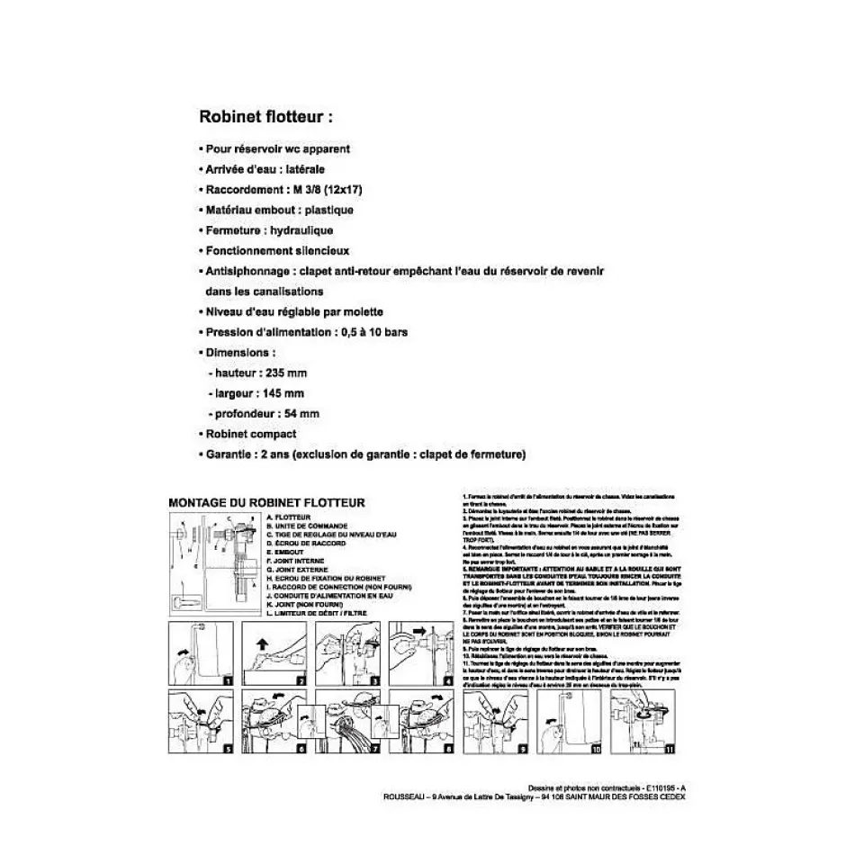 Rousseau Kit mecanisme chasse deau avec robinet flotteur sachet