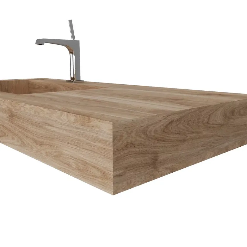 Kiamami Valentina Lavabo De Salle De Bain Hpl 100Cm Avec Vasque À Gauche Effet Bois Chêne Miel