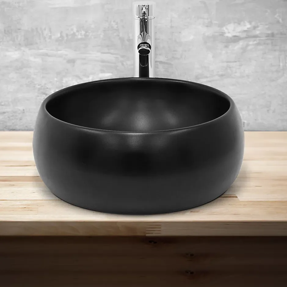 Luxebath Lavabo en ceramique noir mat vasque a poser ronde pour salle de bain 400x155 mm* Vasque À Poser