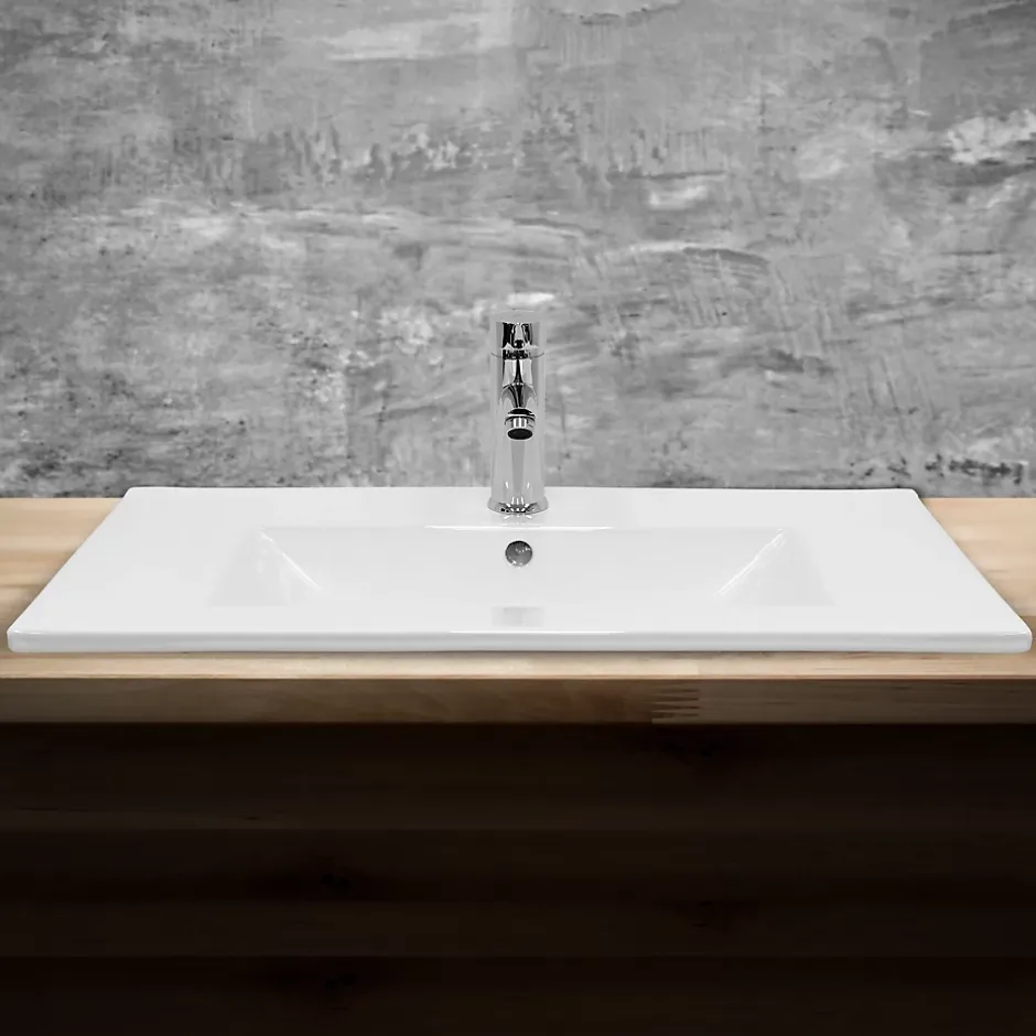 ECD Germany Lavabo en céramique blanc avec garniture de vidage et trop-plein 710x465x175 mm* Vasque À Encastrer