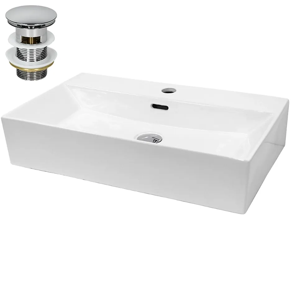 ECD Germany Lavabo en céramique blanc avec garniture de vidage vasque à poser 515 x 360 mm* Vasque À Poser