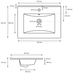 ECD Germany Lavabo en céramique blanc avec garniture de vidage vasque encastrer 610x465 mm* Vasque À Encastrer