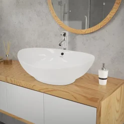 ECD Germany Lavabo en céramique blanc avec garniture de vidage lave-mains moderne 590x390 mm* Lavabo