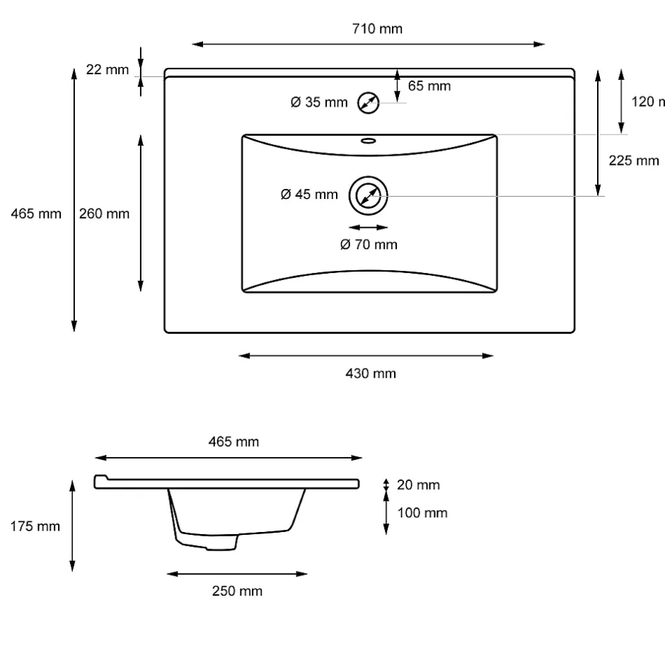 ECD Germany Lavabo en céramique blanc avec garniture de vidage lave-mains moderne 710x465 mm* Vasque À Encastrer