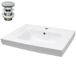 ECD Germany Lavabo en céramique blanc avec garniture de vidage lave-mains moderne 605x465 mm