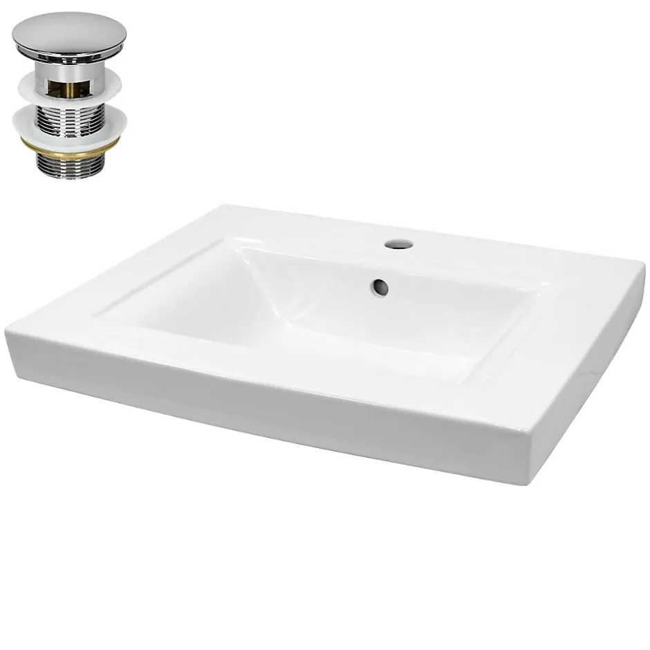 ECD Germany Lavabo en céramique blanc avec garniture de vidage lave-mains moderne 605x465 mm