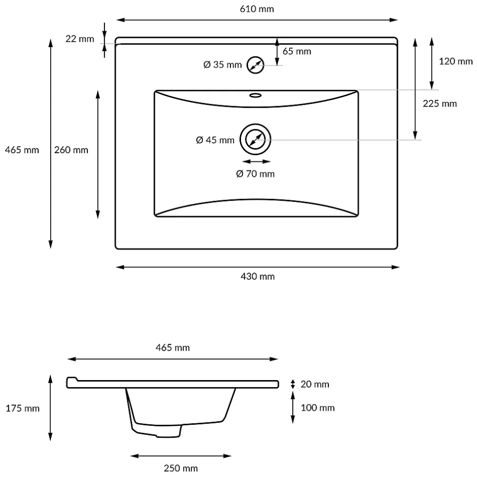 ECD Germany Lavabo en céramique blanc avec garniture de vidage et trop-plein 610x465x175 mm* Vasque À Encastrer