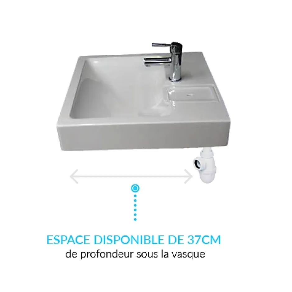 Plusdeplace Lavabo gain de place salle de bain Gpm Mini - Siphon déporté à l'arrière pour installer une machine à laver en-dessous - 37cm de p* Lavabo