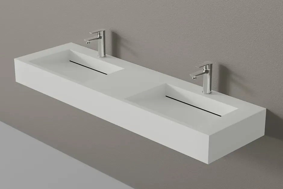Bernstein Lavabo mural en fonte minérale 153x45x15cm Blanc mat, Sans Console métallique métallique