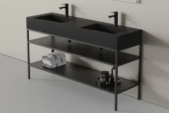 Bernstein Lavabo mural en fonte minérale 153x45x15cm Quartz noir + Console métallique sur pieds 150S* Lavabo