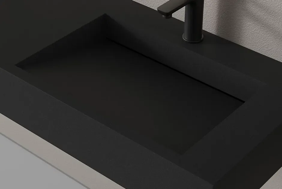 Bernstein Lavabo mural en fonte minérale 153x45x15cm Quartz noir + Console métallique suspendue 150S