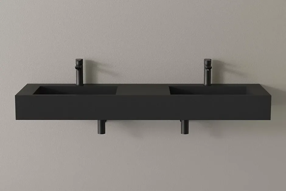 Bernstein Lavabo mural en fonte minérale 153x45x15cm Quartz noir + Console métallique suspendue 150S