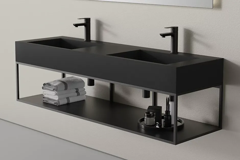 Bernstein Lavabo mural en fonte minérale 153x45x15cm Quartz noir + Console métallique suspendue 150S