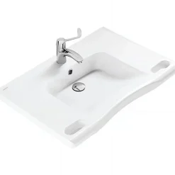 Sanindusa Lavabo mural PMR extra plat galbé normes handicapé porcelaine vitrifée NewWCCare 76x52 blanc avec trop plein