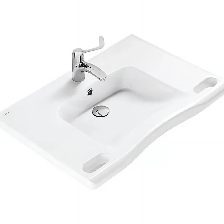 Sanindusa Lavabo mural PMR extra plat galbé normes handicapé porcelaine vitrifée NewWCCare 76x52 blanc avec trop plein