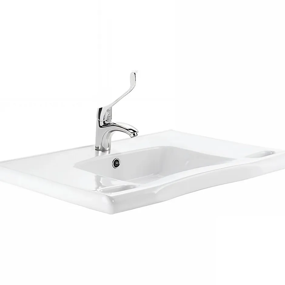 Sanindusa Lavabo mural PMR extra plat galbé normes handicapé porcelaine vitrifée NewWCCare 76x52 blanc avec trop plein
