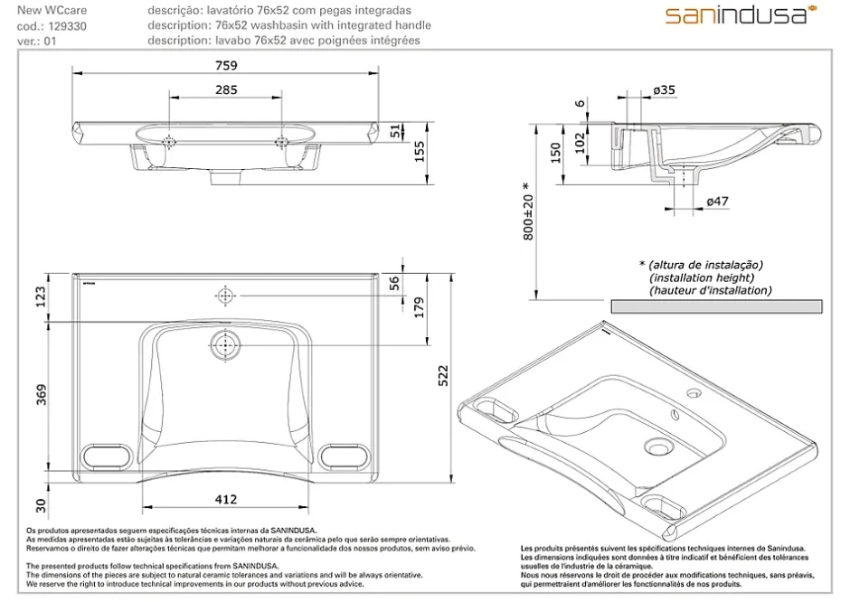 Sanindusa Lavabo mural PMR extra plat galbé normes handicapé porcelaine vitrifée NewWCCare 76x52 blanc avec trop plein