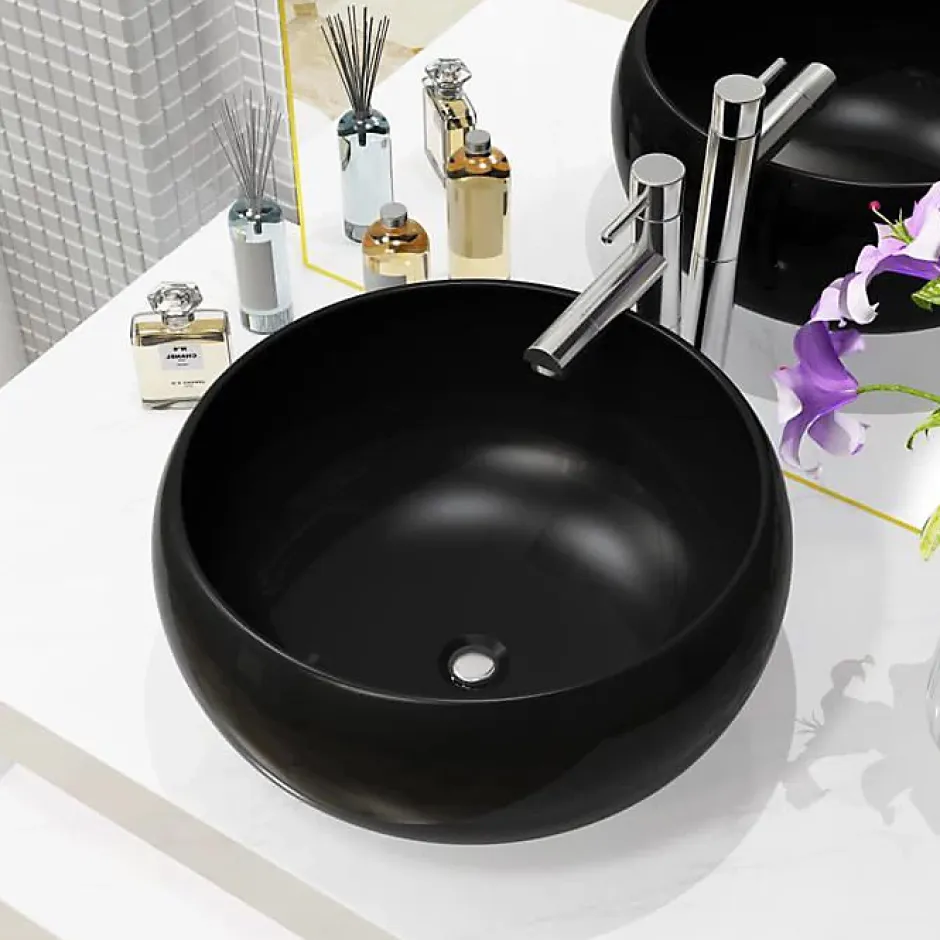 Vidaxl Lavabo rond en céramique noir - - 40 x 15 cm - Design moderne et tendance