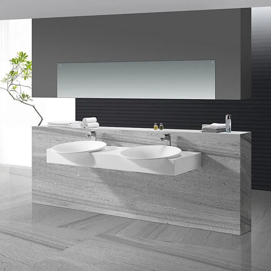 Rue Du Bain Lavabo Suspendu Double Vasque Solid surface Blanc Mat 140x45cm -Effect* Lavabo