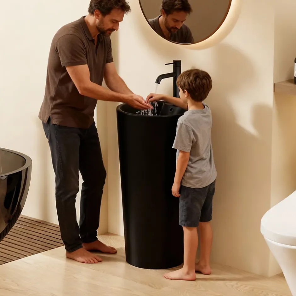 Dileci Lavabo Totem Design Rond et Épuré Noir Mat en Céramique H83 -