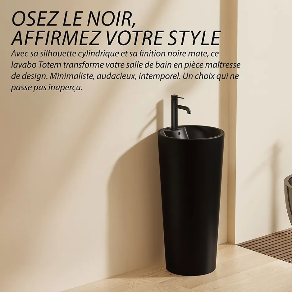 Dileci Lavabo Totem Design Rond et Épuré Noir Mat en Céramique H83 -