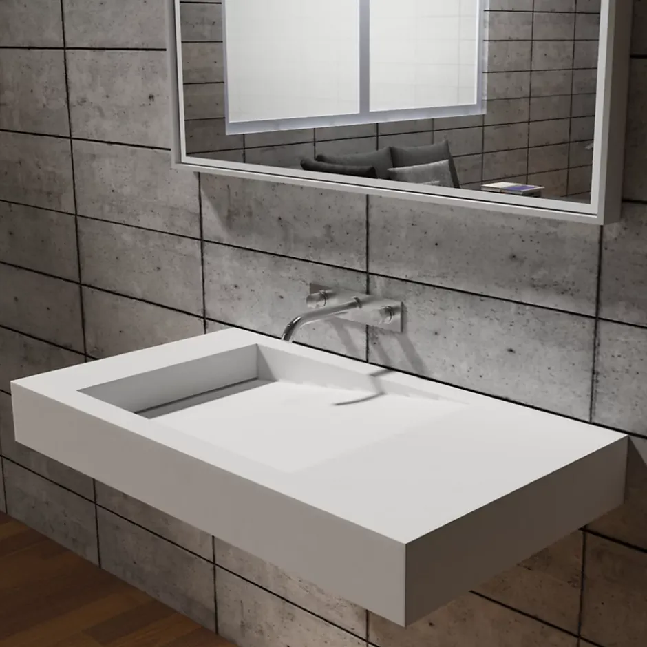 Bernstein Lavabo Vasque suspendu blanc mat 100x50x12cm en fonte minérale, montage mural, sans trou robinetterie - PB2155