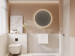 Vente-unique Lave main suspendu blanc en solid surface avec niche - Robinetterie à droite - 40 cm - PUMORI* Plan Simple Vasque