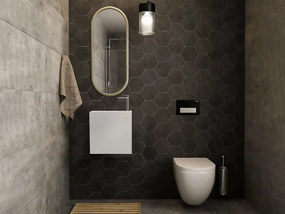 Vente-unique Lave main suspendu blanc en solid surface avec niche - Robinetterie à droite - 40 cm - PUMORI* Plan Simple Vasque