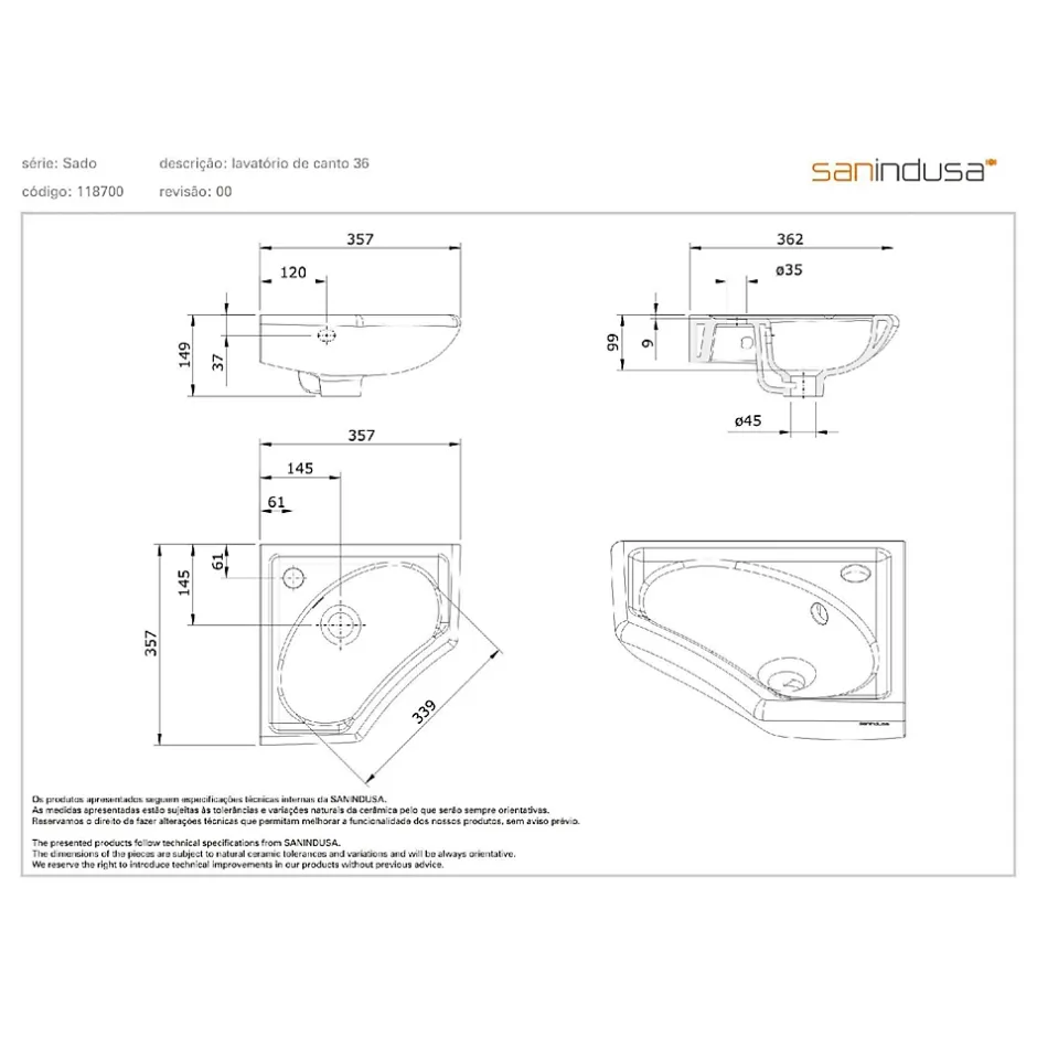 Sanindusa Lave mains d'angle mural céramique traditionnelle 36x36 Sado blanc (robinet non inclus)
