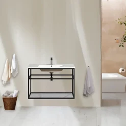 Jindoli Lave-main salle de bain Aquafredo 90 cm finition métal noir* Plan Vasque Lave-Mains