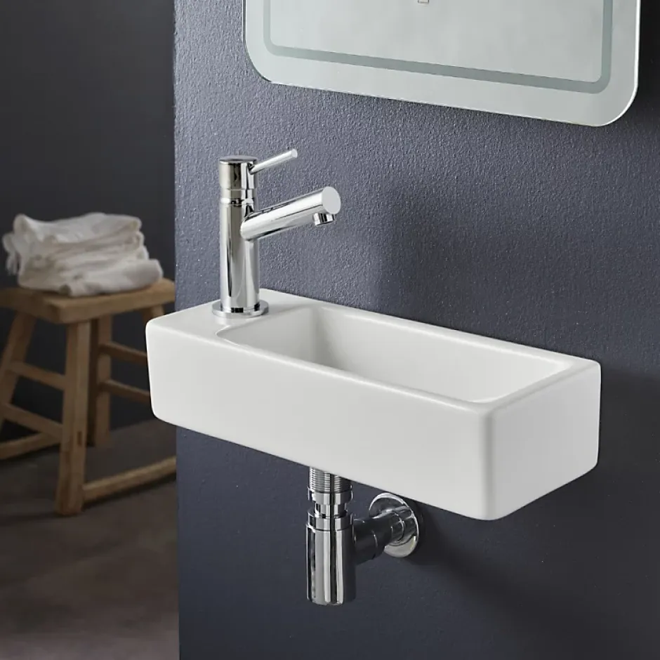 Planète Bain Lave-mains gain de place à suspendre 37 x 15 cm - robinet à gauche - Longine* Lavabo