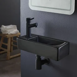 Planète Bain Lave-mains gain de place noir mat à suspendre 37 x 15 cm - robinet à gauche - Longine* Lavabo