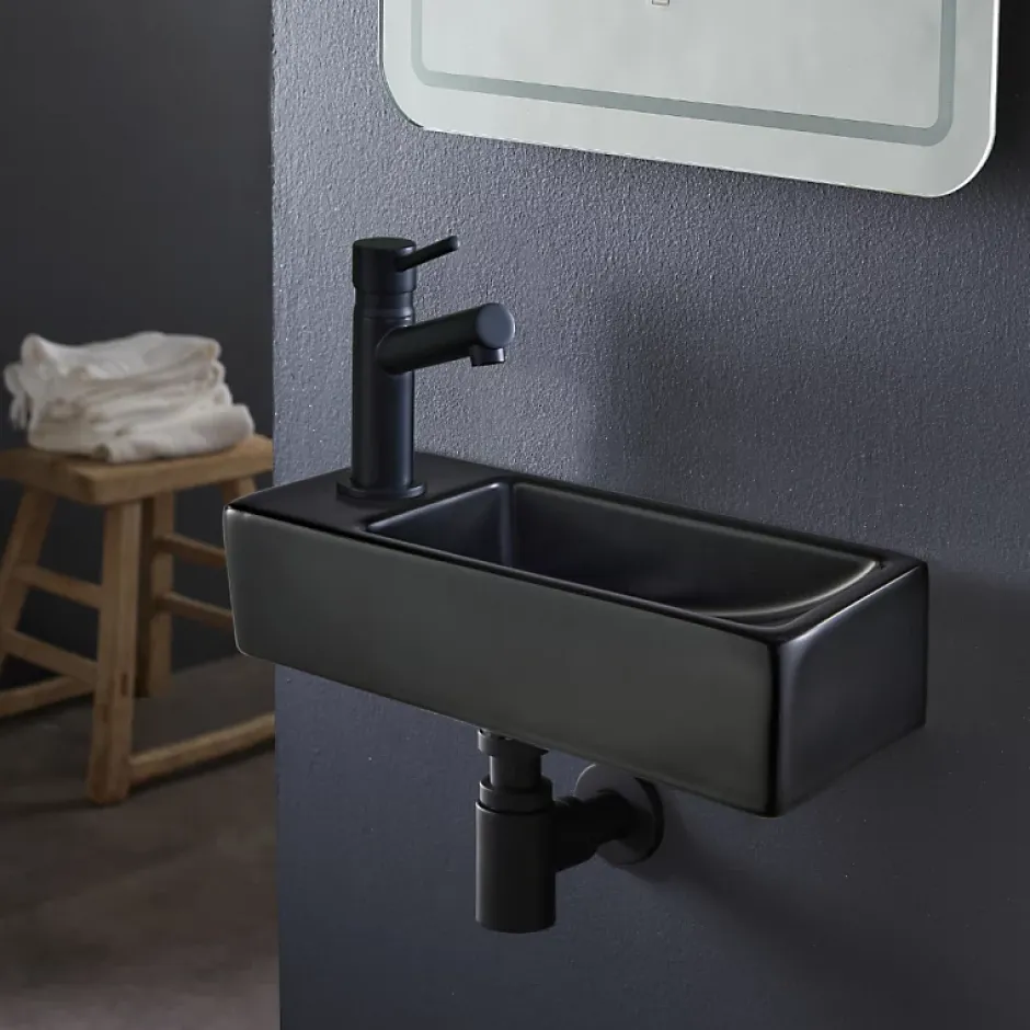 Planète Bain Lave-mains gain de place noir mat à suspendre 37 x 15 cm - robinet à gauche - Longine* Lavabo