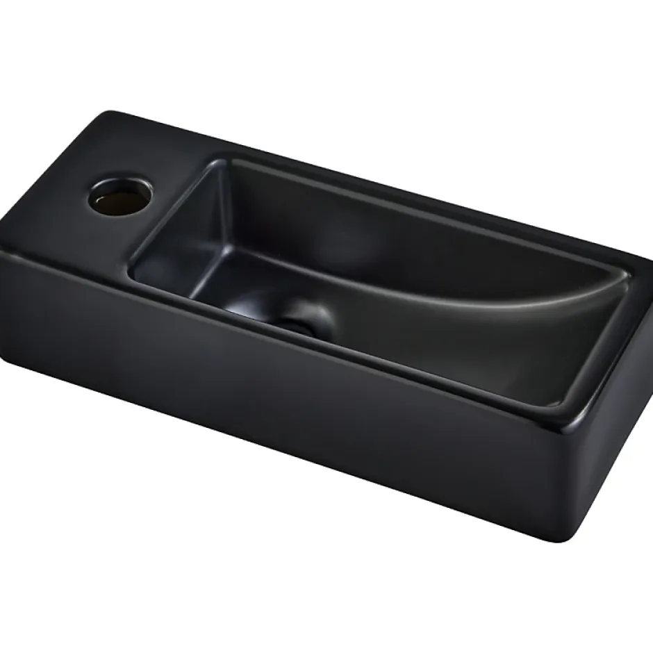 Planète Bain Lave-mains gain de place noir mat à suspendre 37 x 15 cm - robinet à gauche - Longine* Lavabo