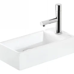 Sanindusa Lave-mains mural compact porcelaine Note blanc cuve à gauche 36x18 avec trou robinet (mitigeur et vidage non inclus)* Lavabo
