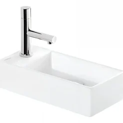 Sanindusa Lave-mains mural compact porcelaine Note blanc cuve à droite 36x18 avec trou robinet (mitigeur et vidage non inclus)