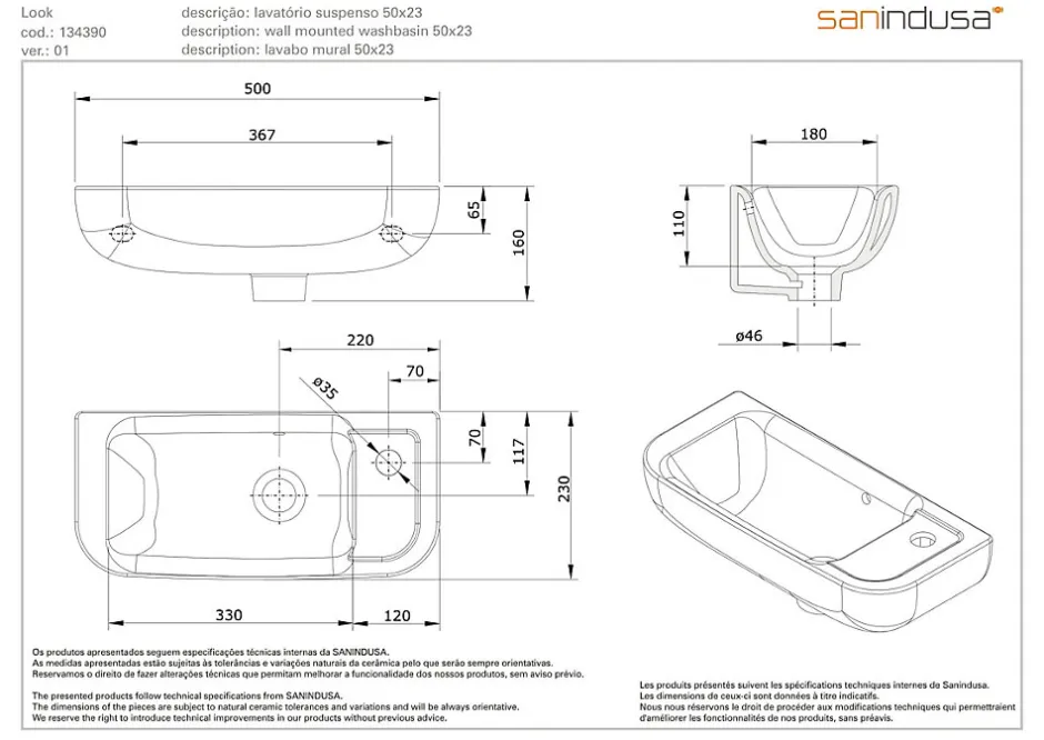 Sanindusa Lave-mains porcelaine vitrifiée mural 50x23 Look blanc