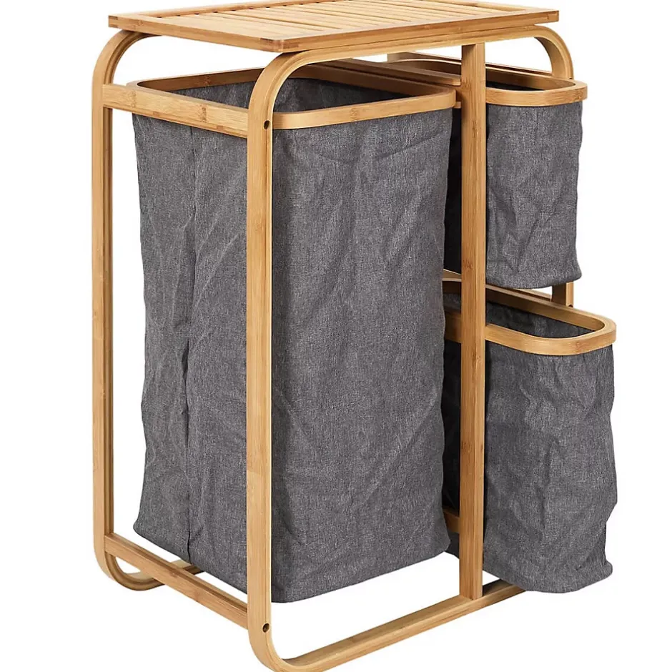 Altobuy LAZEN - Rangement à 3 Panières en Bambou et Tissu Gris