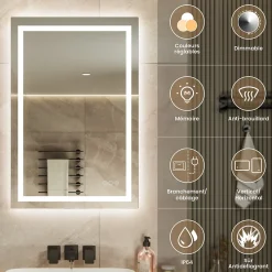 Sofetiy Max LED Miroir Lumineux Tricolore + Anti-buée 80x60cm Salle de Bain Dimmable,Tactile Miroir de salle de bains LED