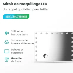 Mirlux LED Miroir Maquillage Hollywood 80x60cm, 2 haut-parleurs Bluetooth, recharge USB & USB-C, Grossissement 10x, Noir* Miroir Grossissant Lumineux