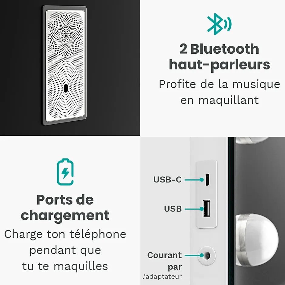 Mirlux LED Miroir Maquillage Hollywood 80x60cm, 2 haut-parleurs Bluetooth, recharge USB & USB-C, Grossissement 10x, Noir* Miroir Grossissant Lumineux